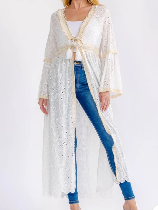 Boho Other - Boho womans Beach Goddess Sheer White Eyelet Tassel Duster size S-M-L